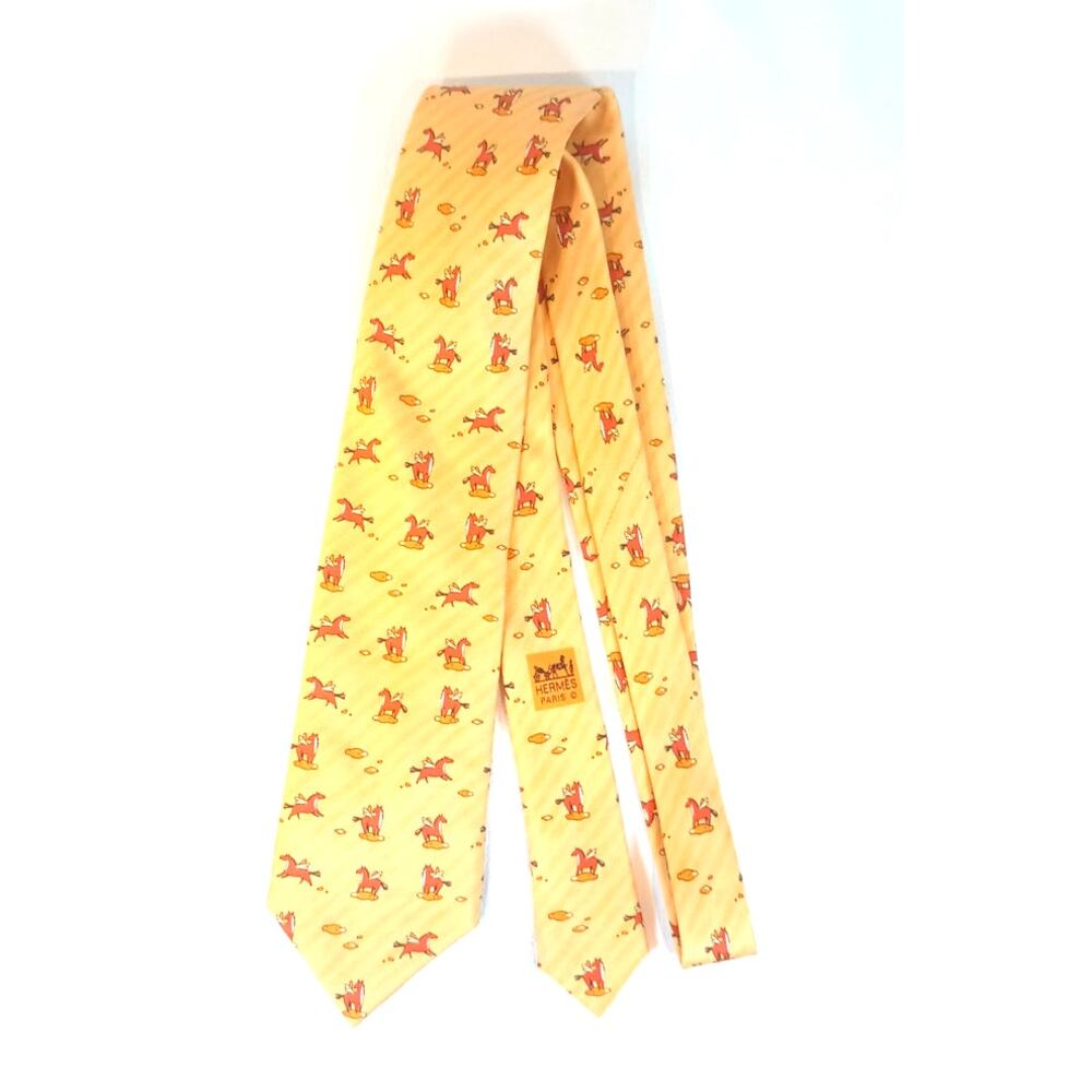 Hermes Paris Pegasus Yellow Silk Tie 7859 UA